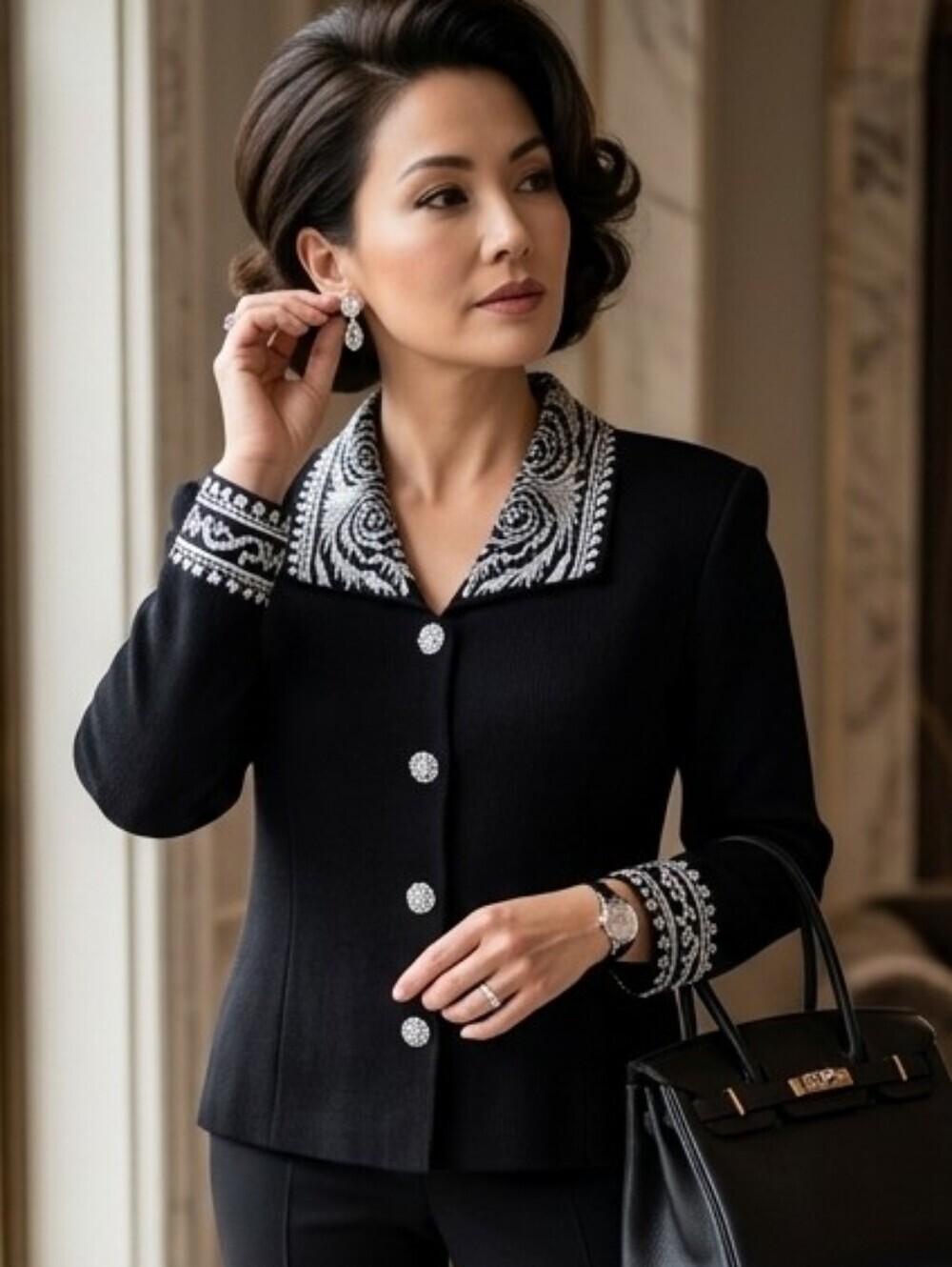 ST. JOHN EVENING By Marie Gray Black Knit Jacket [Embroidered Gemstones] Size 14